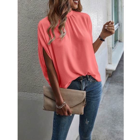 Coral Blouse Top Flowy, High Neck - Picture 6 of 13